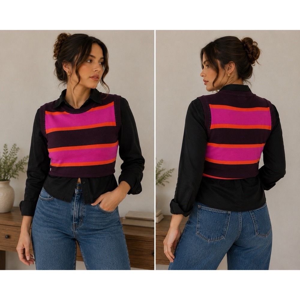 Zara Striped Knit Sweater Vest Purple Pink Orange Layering Y2K Retro